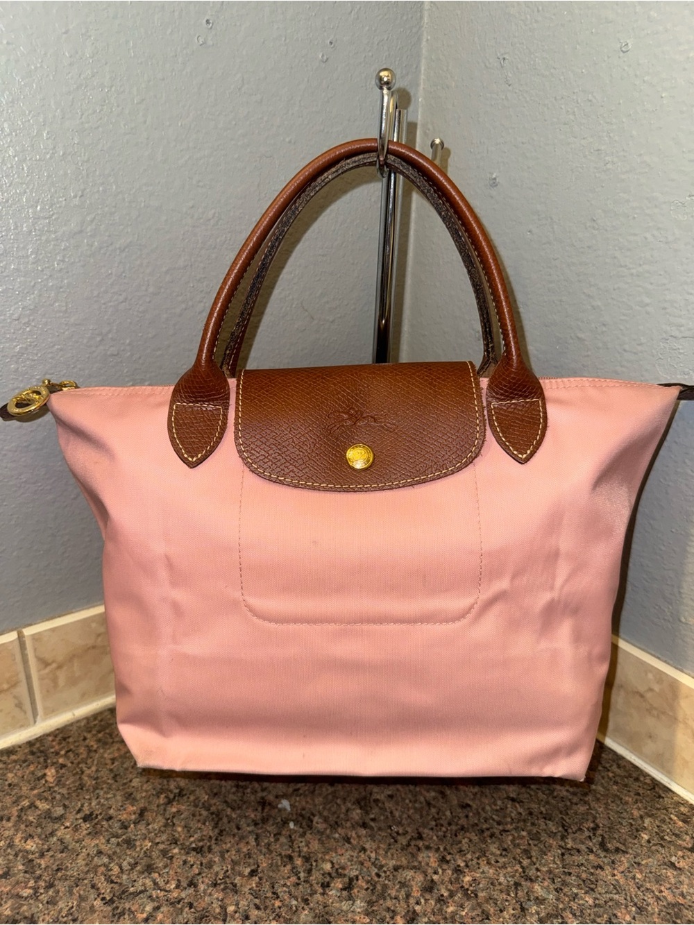 Longchamp pastel Pink Le Pliage small top handle tote